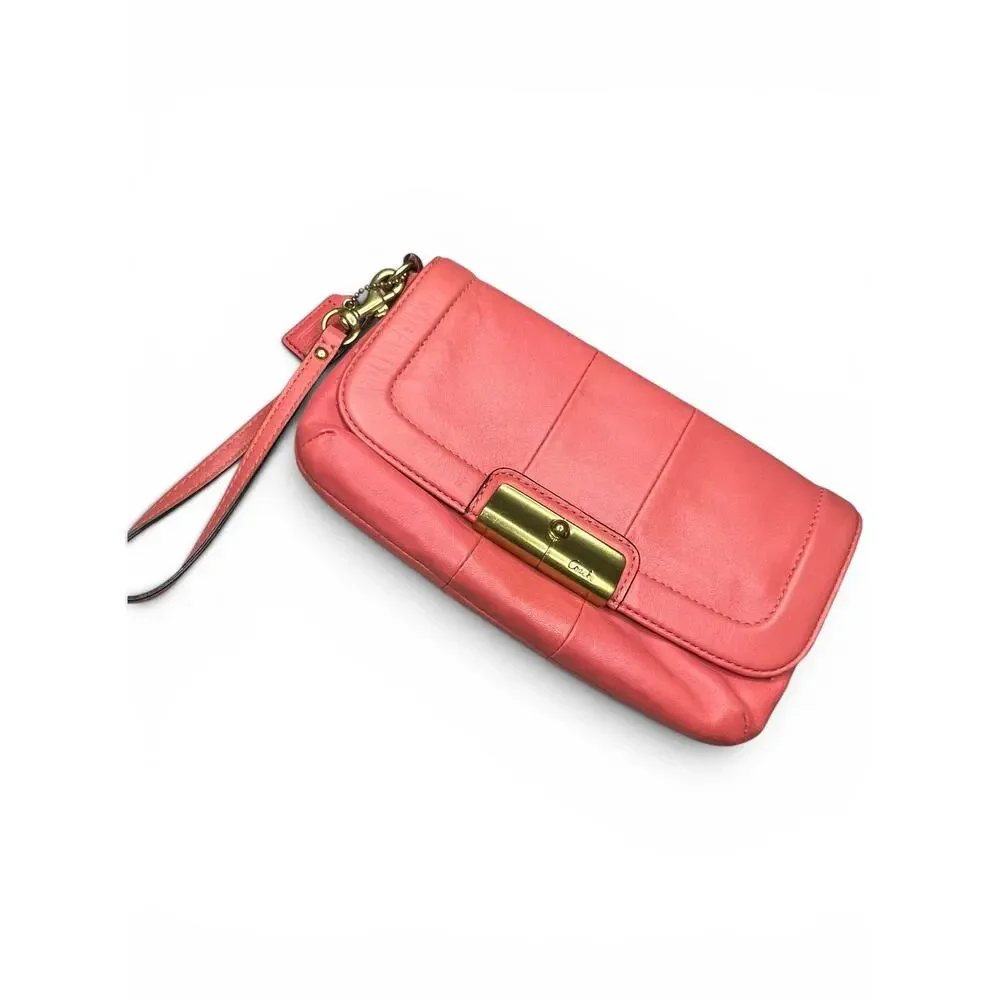 COACH Kristin Coral Pink Soft Leather Flap Wristlet Clutch Wallet EUC